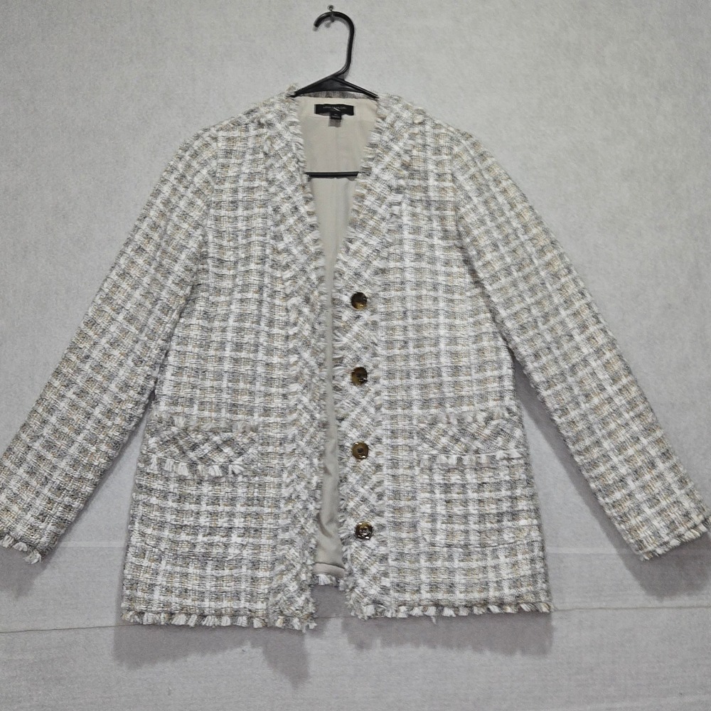 Ann Taylor Petite Tweed Fringe Blazer Jacket Women 2P Neutral Plaid Button Front